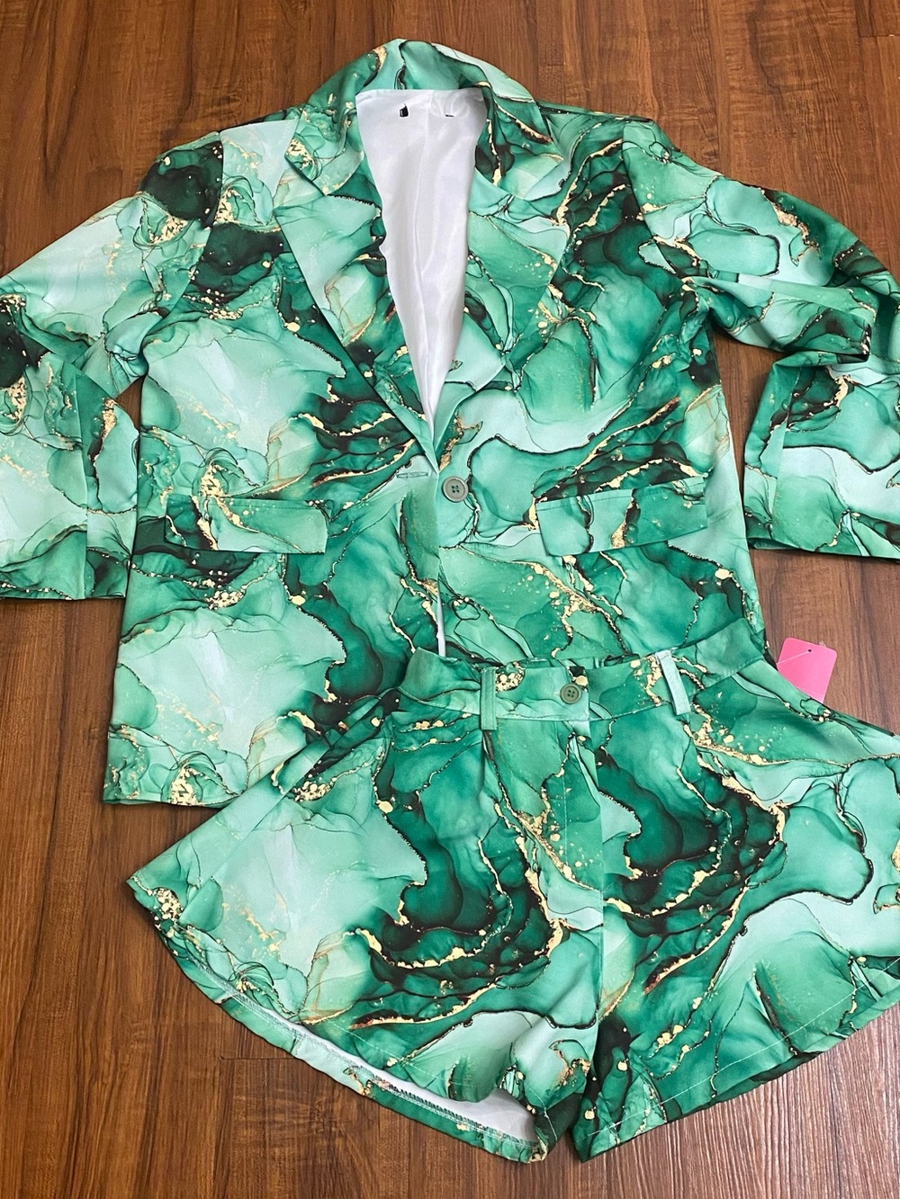 New Ladies Green Marble Print Oversized Blazer & Shorts Set